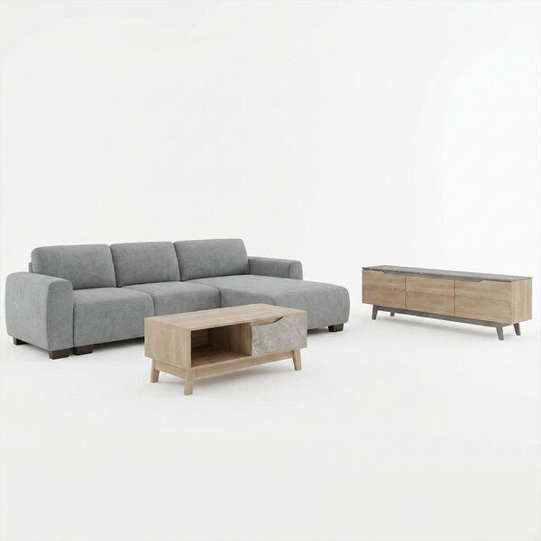 Set mobilier studenti coltar reversibil, masuta de cafea si comoda TV, 3 buc, Swing, Gri, 287x161x71 cm
