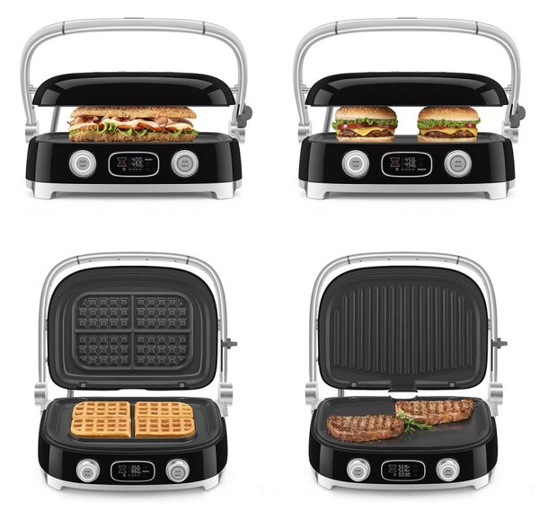 Многофункционален грил SMEG 50's Style MGF01BLEU, 2100W, 60-230°C, 3 програми, Керамично покритие, Тава за отцеждане, Звуков сигнал, Таймер, Черен