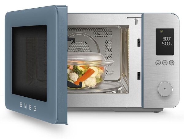 Комбинирана микровълнова фурна с горещ въздух SMEG Collezione MOC02SBMEU, 900W, 27 л, 25 програми, Плавно затваряне, Индивидуални настройки, Син
