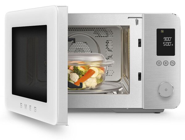 Комбинирана микровълнова фурна с горещ въздух SMEG Collezione MOC02WHMEU, 900W, 27 л, 25 програми, Плавно затваряне, Индивидуални настройки, Бял мат