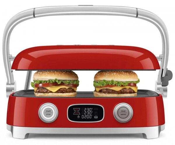 Многофункционален грил SMEG 50's Style MGF01RDEU, 2100W, 60-230°C, 3 програми, Керамично покритие, Тава за отцеждане, Звуков сигнал, Таймер, Червен