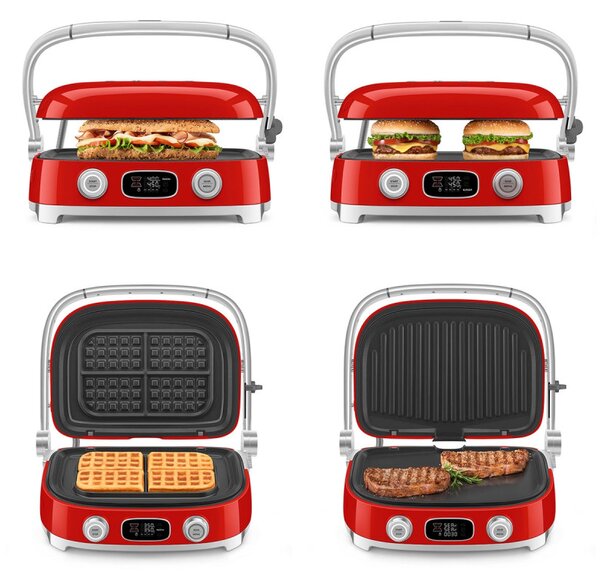 Многофункционален грил SMEG 50's Style MGF01RDEU, 2100W, 60-230°C, 3 програми, Керамично покритие, Тава за отцеждане, Звуков сигнал, Таймер, Червен