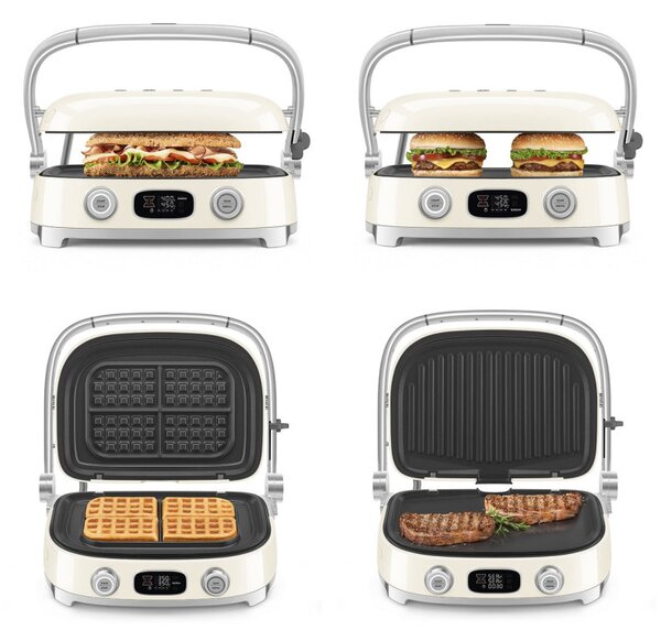 Многофункционален грил SMEG 50's Style MGF01CREU, 2100W, 60-230°C, 3 програми, Керамично покритие, Тава за отцеждане, Звуков сигнал, Таймер, Крем