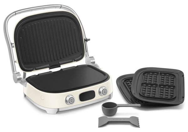 Многофункционален грил SMEG 50's Style MGF01CREU, 2100W, 60-230°C, 3 програми, Керамично покритие, Тава за отцеждане, Звуков сигнал, Таймер, Крем