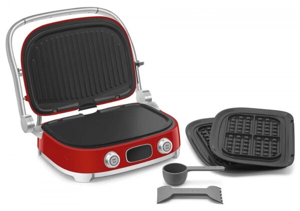 Многофункционален грил SMEG 50's Style MGF01RDEU, 2100W, 60-230°C, 3 програми, Керамично покритие, Тава за отцеждане, Звуков сигнал, Таймер, Червен