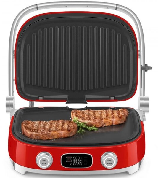 Многофункционален грил SMEG 50's Style MGF01RDEU, 2100W, 60-230°C, 3 програми, Керамично покритие, Тава за отцеждане, Звуков сигнал, Таймер, Червен