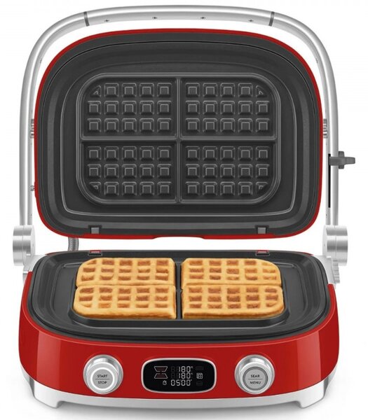 Многофункционален грил SMEG 50's Style MGF01RDEU, 2100W, 60-230°C, 3 програми, Керамично покритие, Тава за отцеждане, Звуков сигнал, Таймер, Червен