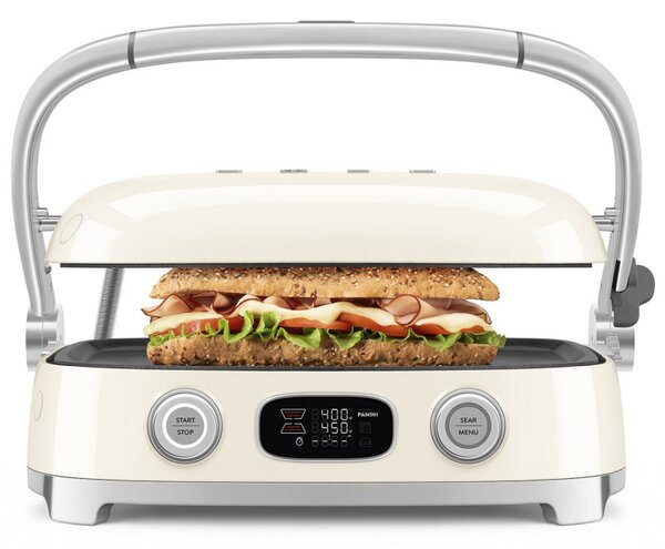 Многофункционален грил SMEG 50's Style MGF01CREU, 2100W, 60-230°C, 3 програми, Керамично покритие, Тава за отцеждане, Звуков сигнал, Таймер, Крем