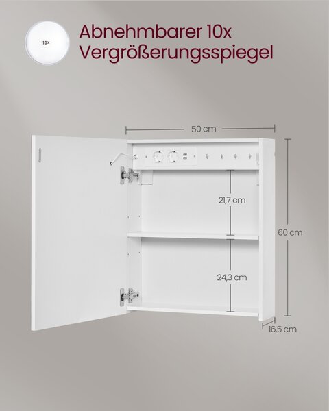 Баня шкаф с LED огледало Vasagle, Kailyn, перлено бял, 60x30x161 см