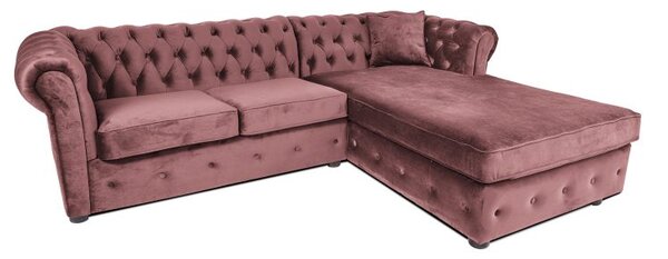 Ъглов разтегателен диван с матрак и лежанка Chesterfield Cristina в рустик розово, Ш245 Д85/175 В68 см