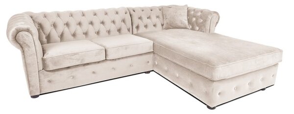 Ъглов разтегателен диван с матрак и лежанка Chesterfield Cristina в бежово, Ш245 Д85/175 В68 см