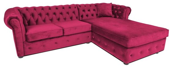 Ъглов разтегателен диван с матрак и лежанка Chesterfield Cristina в цвят вишна, Ш245 Д85/175 В68 см
