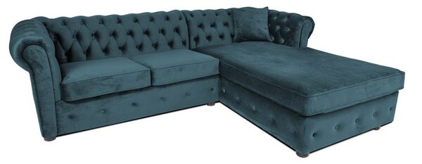 Ъглов разтегателен диван с матрак и лежанка Chesterfield Cristina в синьозелено, Ш245 Д85/175 В68 см