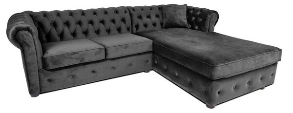 Ъглов разтегателен диван с матрак и лежанка Chesterfield Cristina в тъмносиво, Ш245 Д85/175 В68 см