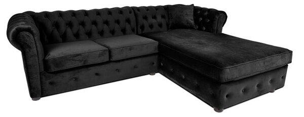 Ъглов разтегателен диван с матрак и лежанка Chesterfield Cristina в черен цвят, Ш245 Д85/175 В68 см