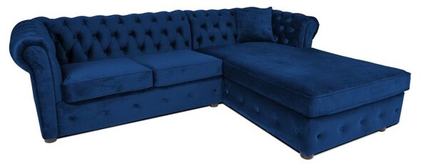 Ъглов разтегателен диван с матрак и лежанка Chesterfield Cristina в син цвят, Ш245 Д85/175 В68 см