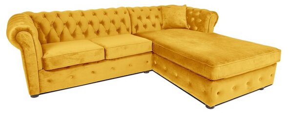 Ъглов разтегателен диван с матрак и лежанка Chesterfield Cristina в жълто, Ш245 Д85/175 В68 см