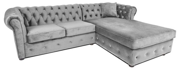 Ъглов разтегателен диван с матрак и лежанка Chesterfield Cristina в сиво, Ш245 Д85/175 В68 см