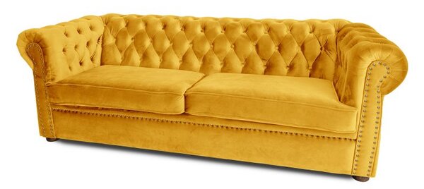 Триместен разтегателен диван Chesterfield с матрак в жълто 203х90х66 см
