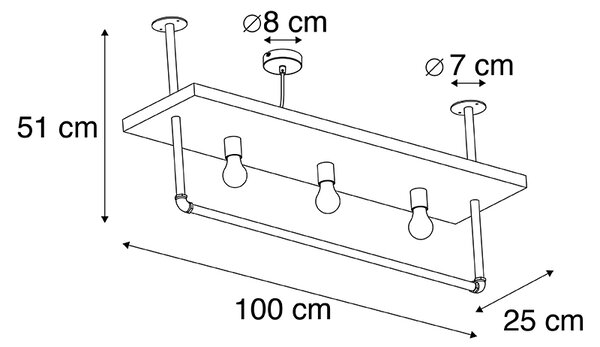 Индустриална лампа за таван черна с дърво 3-светлина - Рафт