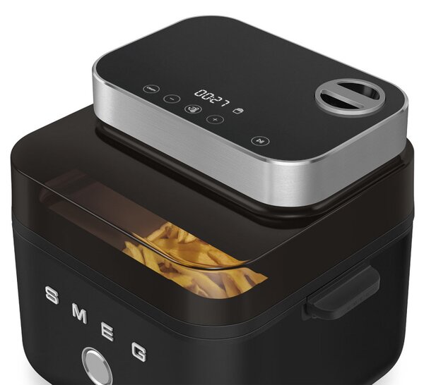 Фритюрник с горещ въздух Smeg Collezione AFC01BLMAU, 1450W, 7.3 л, 40-200°C, 7 програми, Двоен режим, Сензорно управление, Таймер, LED, Черен