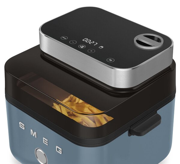 Фритюрник с горещ въздух Smeg Collezione AFC01SBMAU, 1450W, 7.3 л, 40-200°C, 7 програми, Двоен режим, Сензорно управление, Таймер, LED, Син