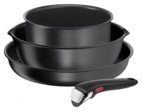 Комплект тигани Tefal Ingenio 2100038720, 4 части, Подвижна дръжка, Незалепващо покритие, Без PFOA, Алуминий, Черен