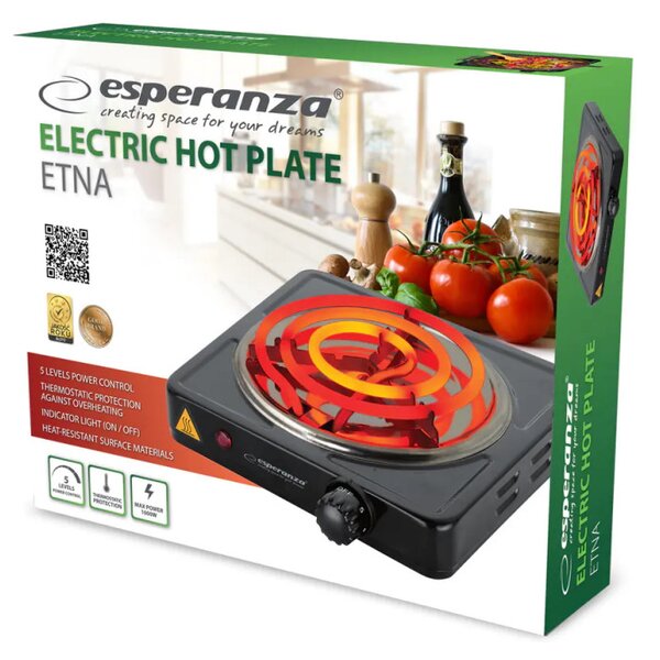 Електрически котлон Esperanza EKH012K, 1000W, Открит нагревател, 5 нива, Черен