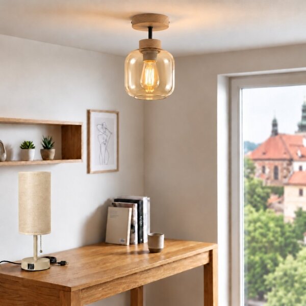 BRILAGI - LED прилепен полилей R GLASS 1xE27/60W/230V, диаметър 14 см, дъб/опушено бежово