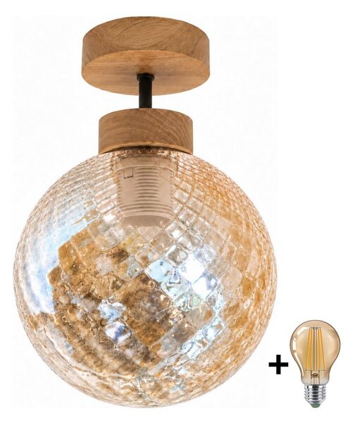 BRILAGI - LED плафонна люстра R GLASS 1xE27/60W/230V Ø 17 см дъб/опушено бежово