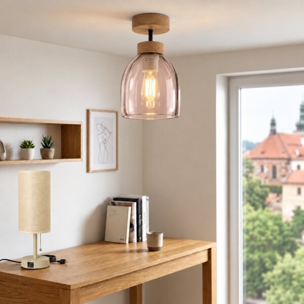 BRILAGI - LED полилей за повърхностен монтаж R GLASS 1xE27/60W/230V Ø 17 см дъб/опушено бежово