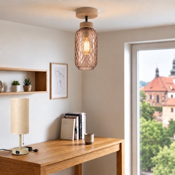 BRILAGI - LED плафон R GLASS 1xE27/60W/230V Ø 14 см дъб/димчато кафяво