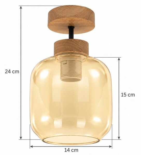 BRILAGI - LED прилепен полилей R GLASS 1xE27/60W/230V, диаметър 14 см, дъб/опушено бежово