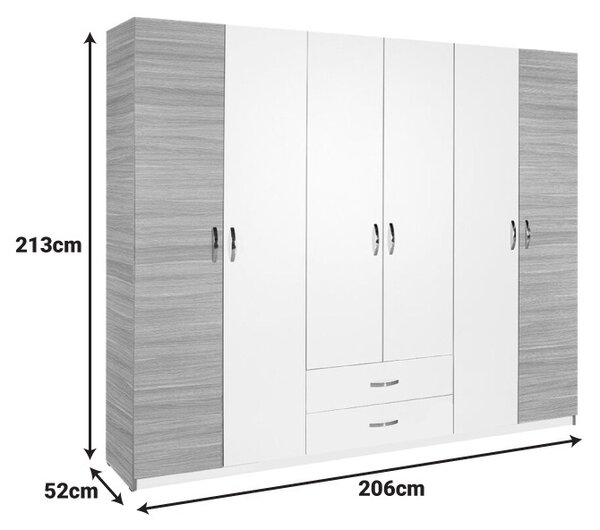 Гардероб с 6 врати и чекмеджета Dormie White 206x52x213 cm