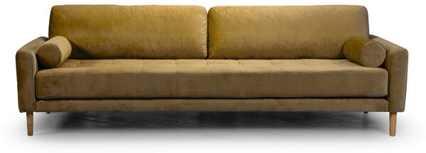 Четириместен диван Midcentury в жълто кадифе, 244/93/66 см