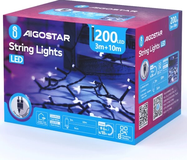 Aigostar - LED Екстериорни коледни лампички 200xLED/8 функции 13 м IP44 студено бял