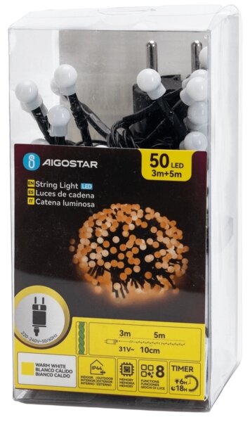 Aigostar - LED външен коледен гирлянд 50xLED/8 функции 8m IP44 топло бяло