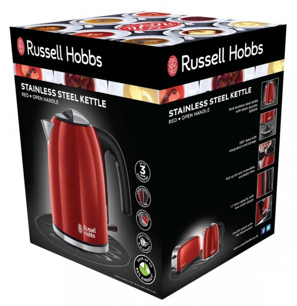 Електрическа кана Russell Hobbs Colours Plus Flame Red 20412-70, 2400W, 1.7 л, Бързо завиране, Скрит нагревател, 360° основа, Индикатор, Червен