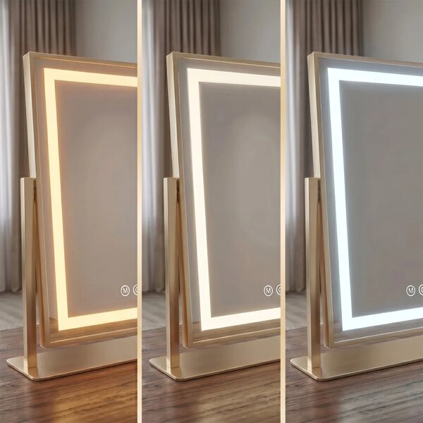 LUMI Козметично огледало за маса с LED осветление и допълнително увеличително огледало, 30 x 40 см Злато