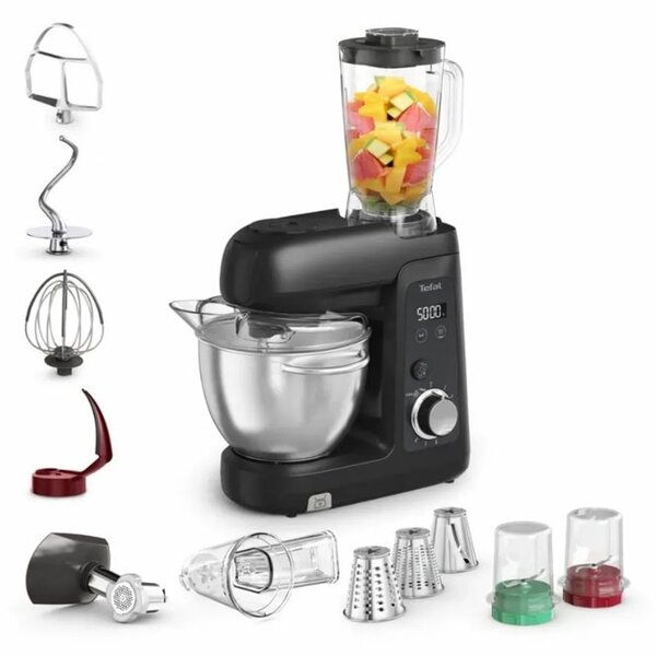 Планетарен миксер Tefal Bake Partner +, 1100W, 8 степени на работа, 4.6 l обем на купата, куки за тесто, функция за месомелачка, черен