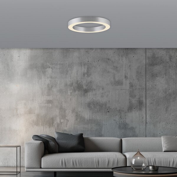 PURE LED таванска лампа Lines, Ø 35 cm, сребрист цвят, CCT, Затъмняване, Металик, Дневна/трапезария, Метал, Модерен