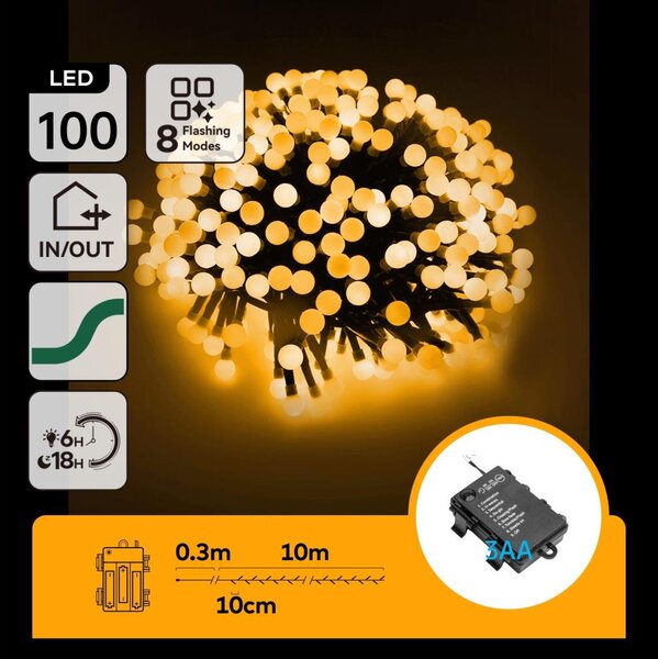 Aigostar - LED външен коледен гирлянд 100xLED/8 режима 3xAA 10,3 m IP44 топла бяла