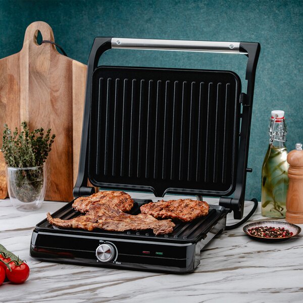 Грил скара Rosberg R51442I, 1500W, Отваряне на 180 гр, Незалепваща, Тава за мазнина, Инокс/черен