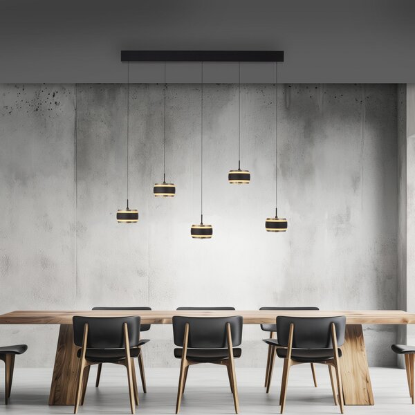 PURE LED висяща лампа Falling Rings, черна, дължина 101 см, 5-лампова, Затъмняване, Черен, Дневна/трапезария, Метал, Модерен