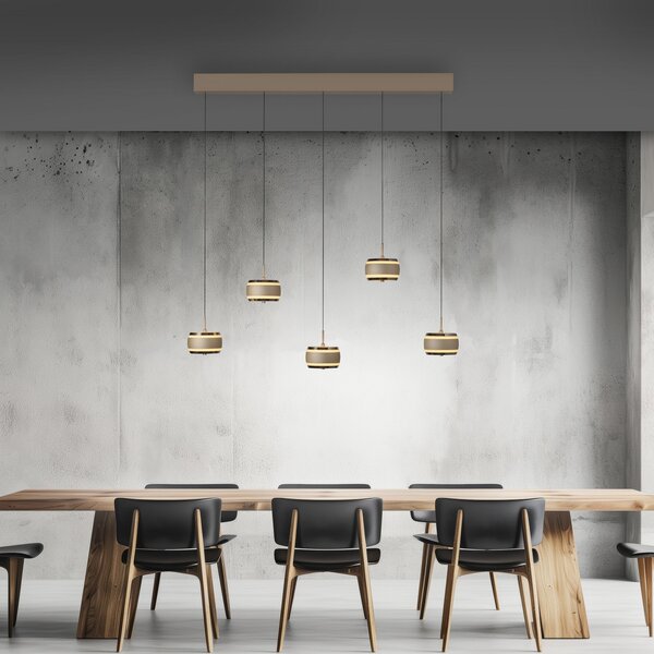PURE LED висяща лампа Falling Rings, бронзова, дължина 101 см, 5-лампова, Затъмняване, Бронзов / античен месинг, Дневна/трапезария, Метал, Модерен
