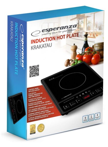 Индукционен котлон Esperanza Krakatau EKH005, 2000W, 80-270°C, 5 функции, Черен