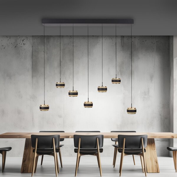 PURE LED висяща лампа Falling Rings, черна, дължина 132 см, 7-лампова, Затъмняване, Черен, Дневна/трапезария, Метал, Модерен