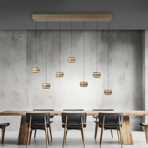 PURE LED висяща лампа Falling Rings, бронз Дължина 132 cm 7-fl., Затъмняване, Бронзов / античен месинг, Дневна/трапезария, Метал, Модерен