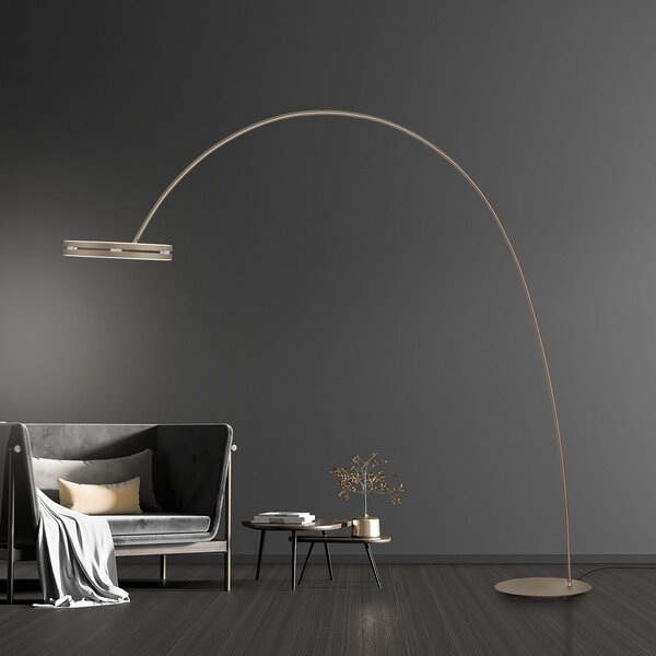 PURE LED стояща лампа Loop-Bow, бронзов цвят, дължина 290 см, Затъмняване, Бронзов / античен месинг, Дневна/трапезария, Метал, Модерен
