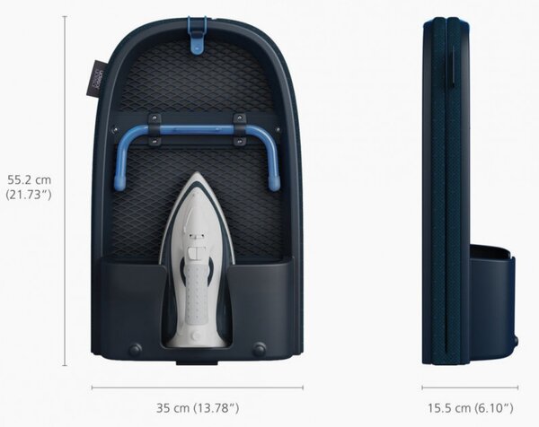 Сгъваема дъска за гладене Joseph Joseph Pocket Max Plus 5000022, Калъф от 100% памук, Водоустойчив слой, Кука за окачване, Отделение за ютията, DripShield, Син